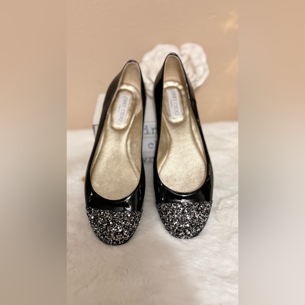 Jimmy Choo Black Patent Leather Ballet Flats with Glitter Toe - Picture 3 of 9